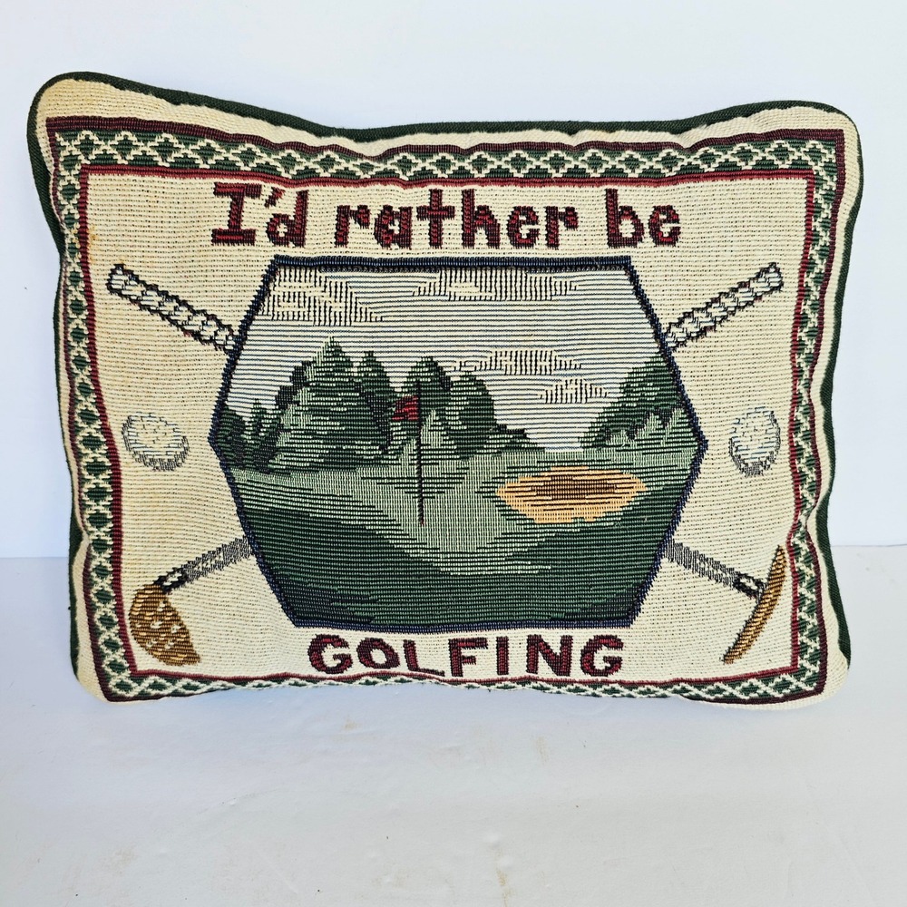 Vintage Woven Tapestry Golf Throw Pillow I'd Rather Be Golfing Sports Decor